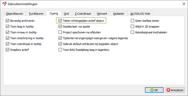 Voorbeeld gebruikersinstelling voor het tonen van de tekenrichting van een geselecteerd object in dg DIALOG BGT