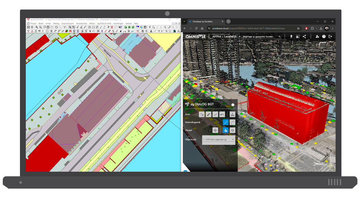 Laptop met een splitscreen van Omnibase en dg DIALOG BGT